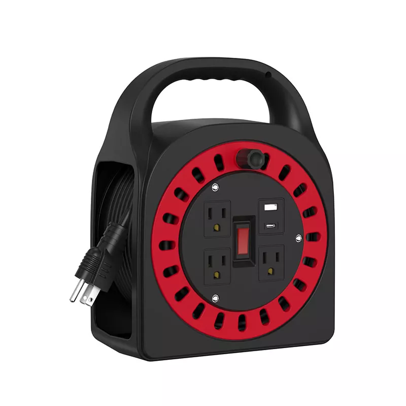 Enrouleur de cordon en plastique USB 3 prises 50 pieds Enrouleur de cordon en plastique USB 3 prises 50 pieds