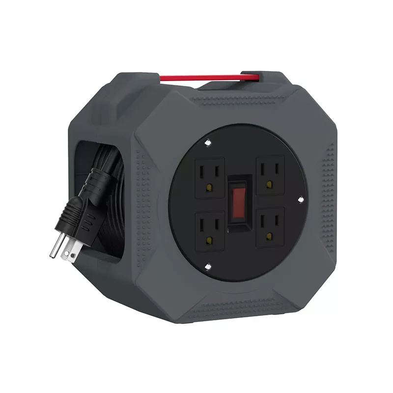 Enrouleur de cordon en plastique 4 prises 30 pieds Enrouleur de cordon en plastique 4 prises 30 pieds